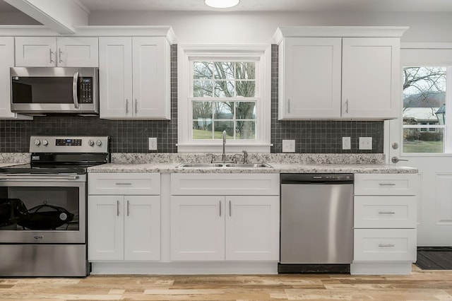 kitchen with stainless steel appliances, a sink, white cabinetry, light wood finished floors, and tasteful backsplash