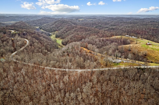 birds eye view of property featuring a mountain view and a forest view