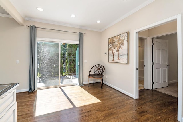 unfurnished room with ornamental molding, recessed lighting, dark wood finished floors, and baseboards