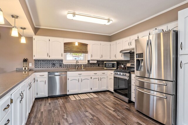 kitchen with stainless steel appliances, white cabinets, a sink, and under cabinet range hood