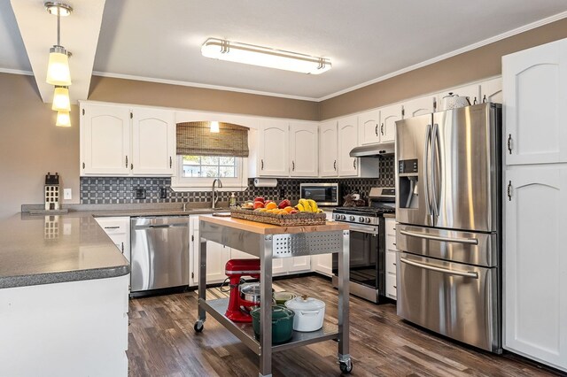 kitchen featuring white cabinetry, stainless steel appliances, crown molding, and pendant lighting