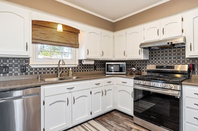 kitchen featuring under cabinet range hood, a sink, white cabinetry, appliances with stainless steel finishes, and dark countertops