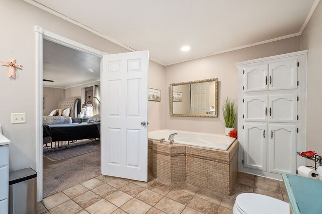 bathroom featuring a garden tub, ornamental molding, connected bathroom, and toilet