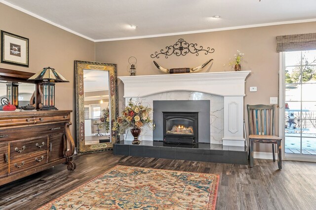 interior space featuring ornamental molding, a fireplace, and wood finished floors