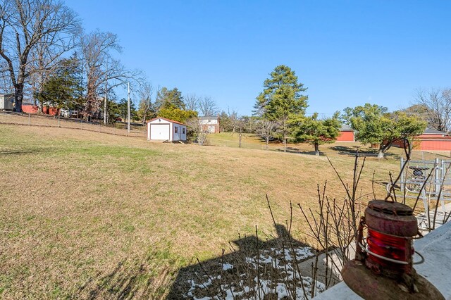 view of yard with an outbuilding, fence, a detached garage, and a shed