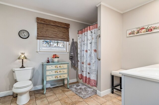 full bathroom featuring baseboards, crown molding, toilet, and tile patterned floors