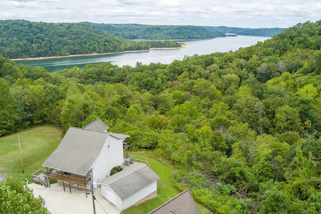 aerial view with a water view and a view of trees