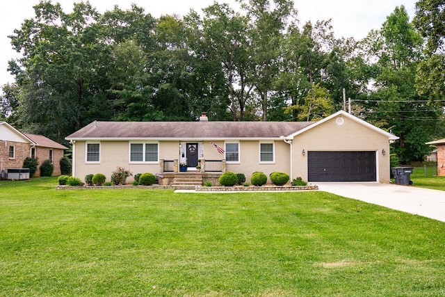 ranch-style home with a garage, driveway, stucco siding, a front lawn, and a chimney