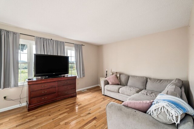 living room featuring a textured ceiling, light wood finished floors, visible vents, and baseboards