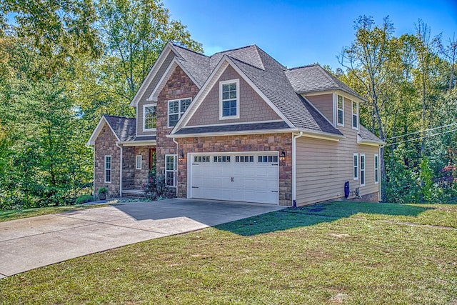 craftsman house featuring a garage, a front yard, concrete driveway, and roof with shingles