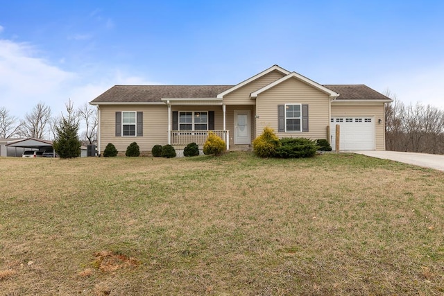 ranch-style home featuring a garage, a front lawn, a porch, and concrete driveway