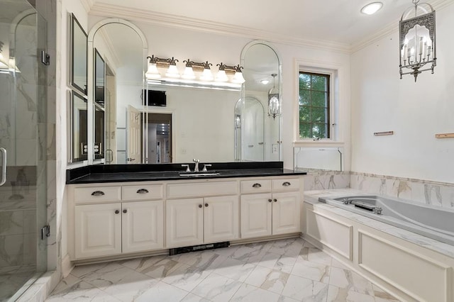 bathroom with marble finish floor, a garden tub, crown molding, vanity, and a shower stall