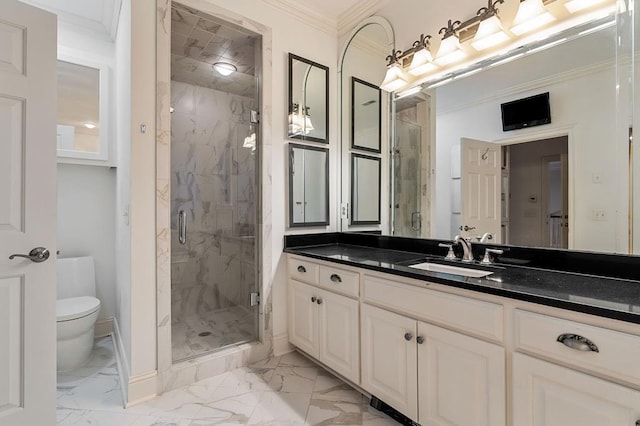 full bath with marble finish floor, crown molding, and a marble finish shower