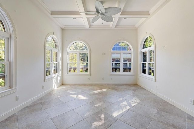 spare room featuring a high ceiling, a ceiling fan, coffered ceiling, beamed ceiling, and baseboards