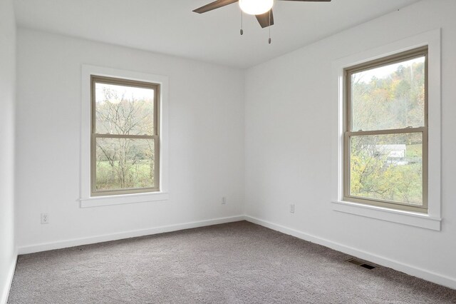 carpeted spare room featuring plenty of natural light, visible vents, and baseboards