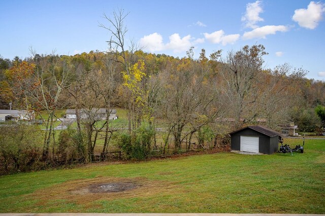 view of yard with an outbuilding, a forest view, and a garage