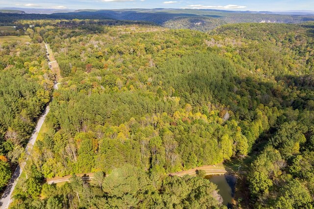 bird's eye view with a wooded view and a water and mountain view