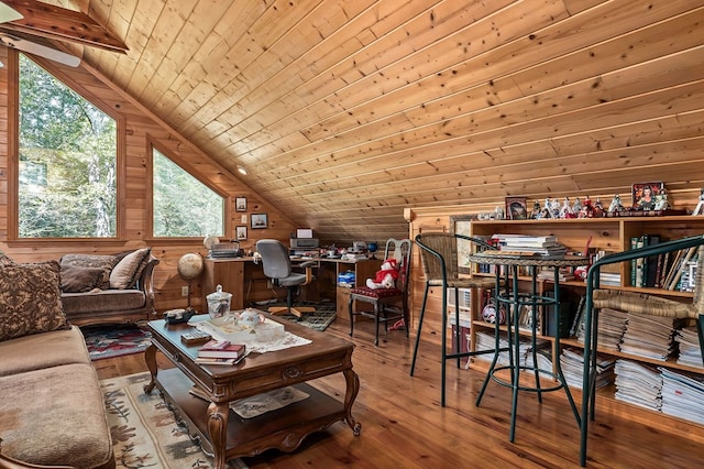 living area with lofted ceiling, wooden ceiling, wood walls, and wood finished floors