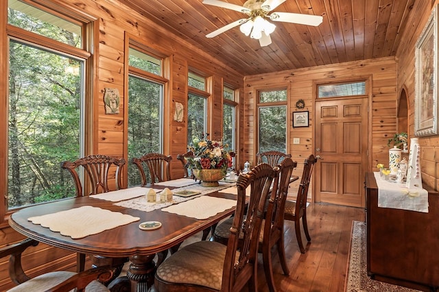 dining area with wood ceiling, wooden walls, ceiling fan, and dark wood-style flooring