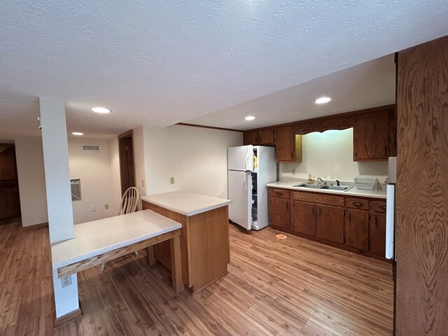 kitchen featuring light countertops, a peninsula, a sink, and freestanding refrigerator