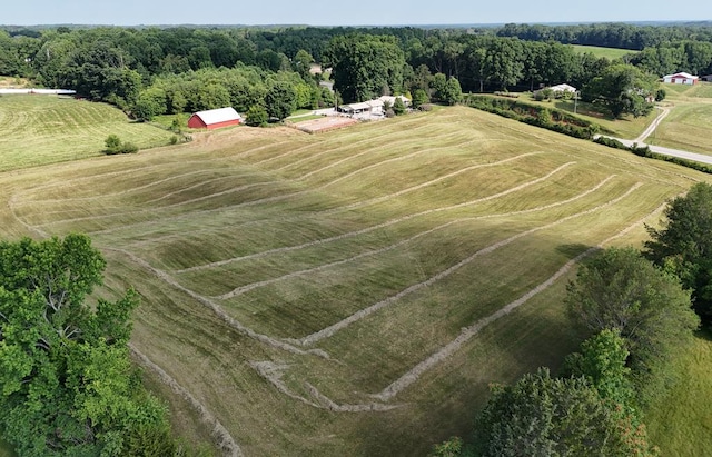 drone / aerial view featuring a forest view and a rural view