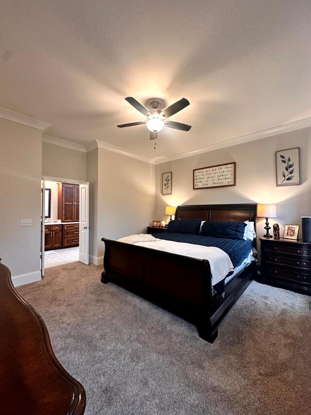 bedroom featuring crown molding, ceiling fan, baseboards, and light colored carpet