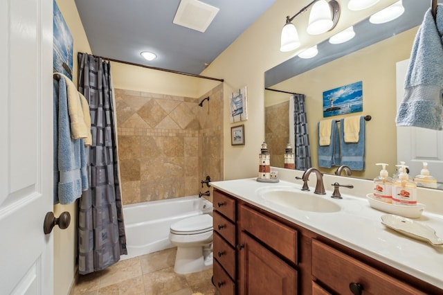 bathroom featuring shower / tub combo, visible vents, vanity, and toilet