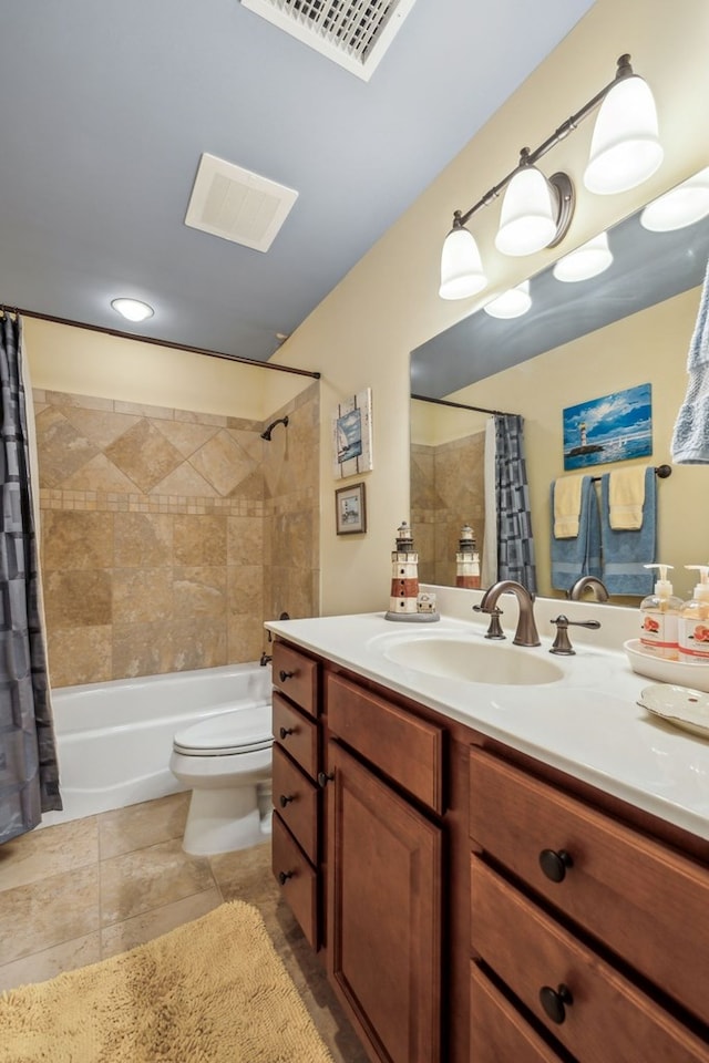 full bathroom featuring visible vents, toilet, tile patterned floors, shower / bathtub combination with curtain, and vanity