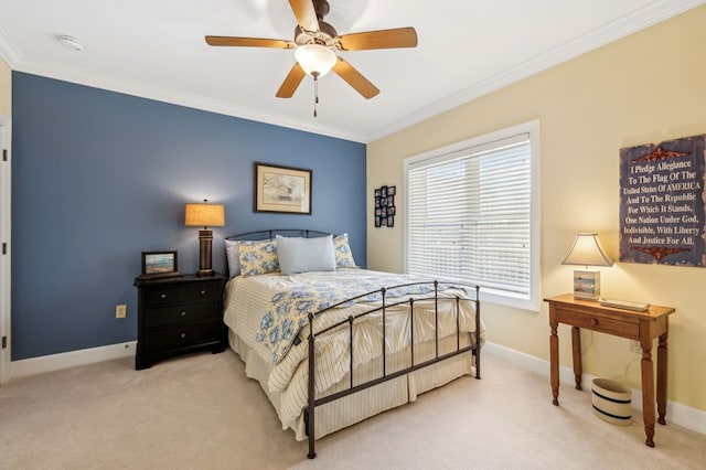 bedroom featuring ornamental molding, light colored carpet, and baseboards