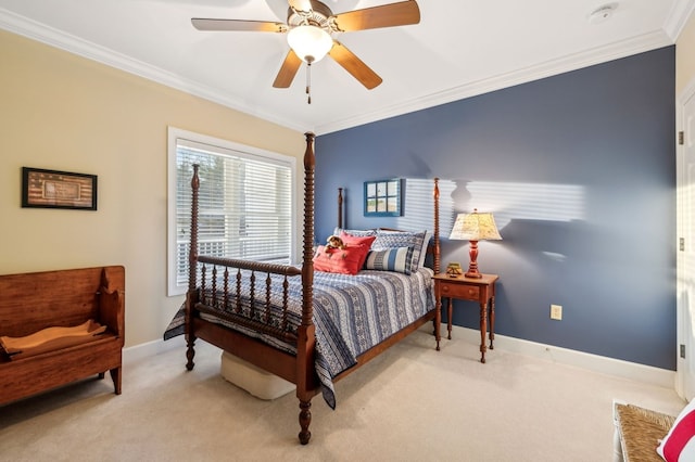 bedroom featuring a ceiling fan, light colored carpet, crown molding, and baseboards