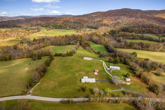 aerial view featuring a mountain view and a rural view