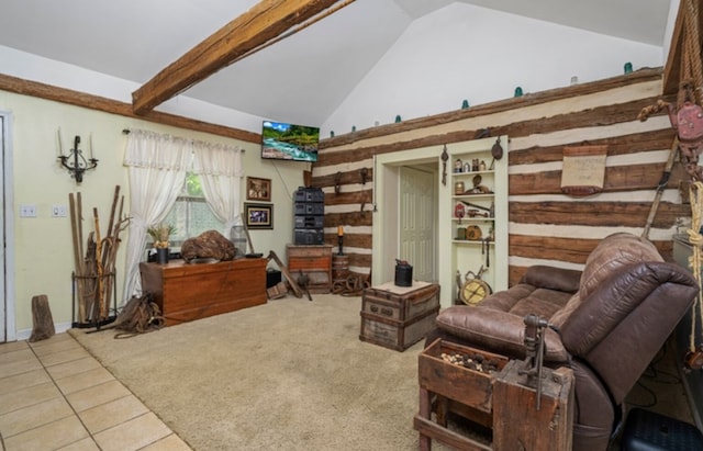 living area featuring carpet floors, high vaulted ceiling, beamed ceiling, and tile patterned floors