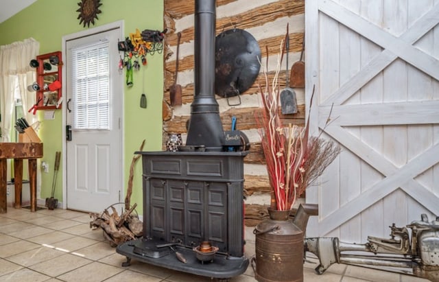 room details with a wood stove and a gate