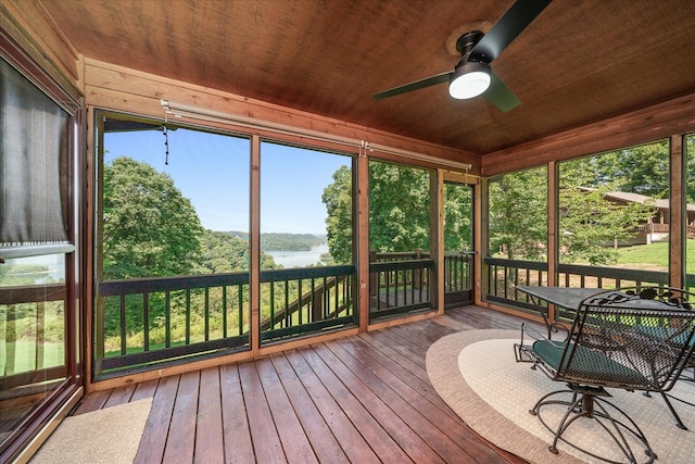 sunroom with a ceiling fan, wooden ceiling, a water view, and plenty of natural light