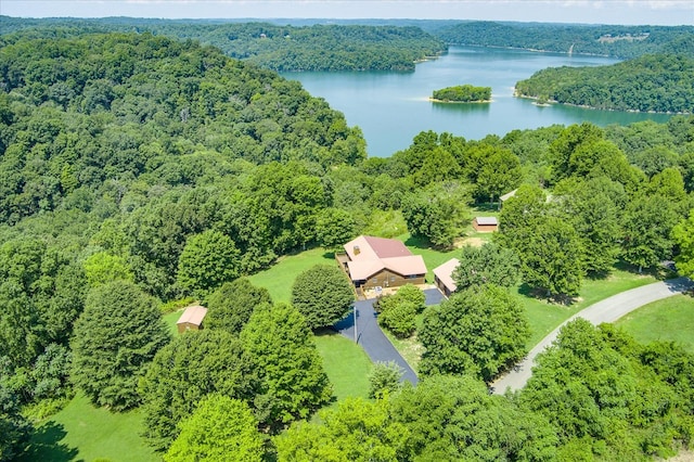 birds eye view of property featuring a water view and a forest view