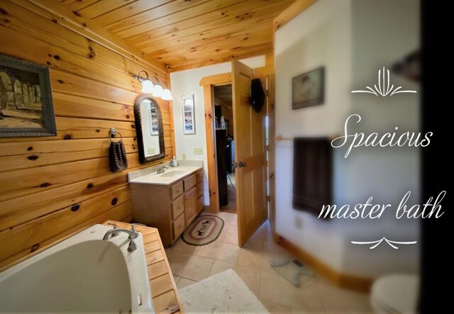 bathroom featuring a garden tub, wooden walls, tile patterned flooring, wood ceiling, and vanity