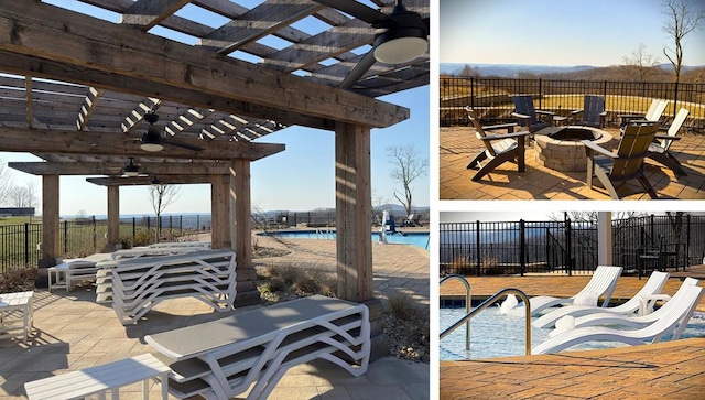 view of patio / terrace featuring a community pool, fence, an outdoor fire pit, and a pergola