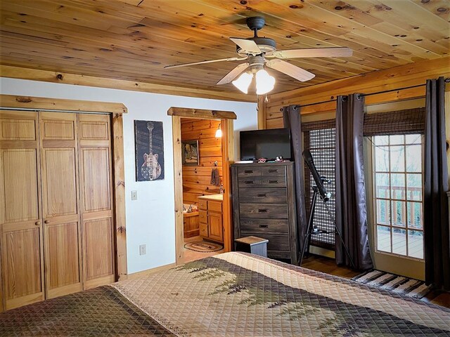 unfurnished bedroom featuring wooden walls, wood ceiling, and ceiling fan