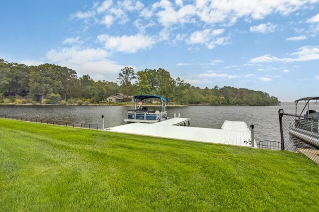 view of dock featuring a water view and a lawn