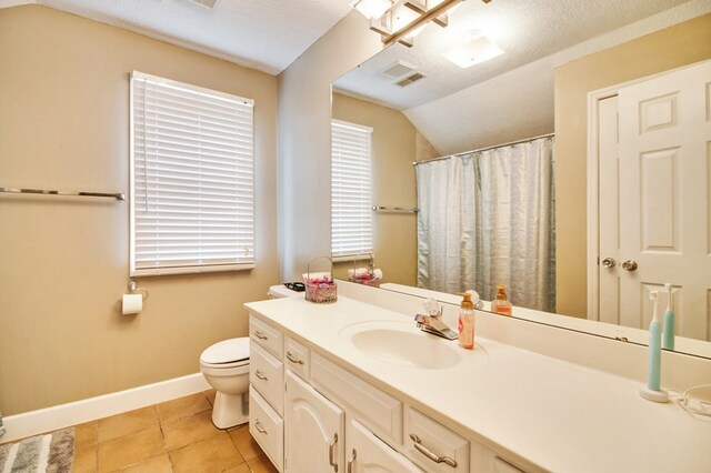 full bath with tile patterned flooring, toilet, vanity, visible vents, and baseboards