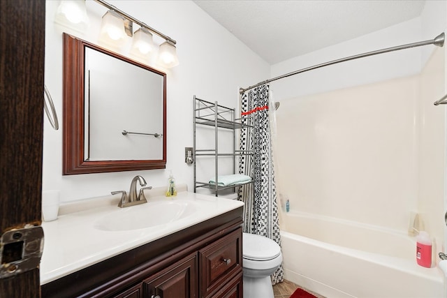 bathroom with toilet, shower / bath combo, a textured ceiling, and vanity