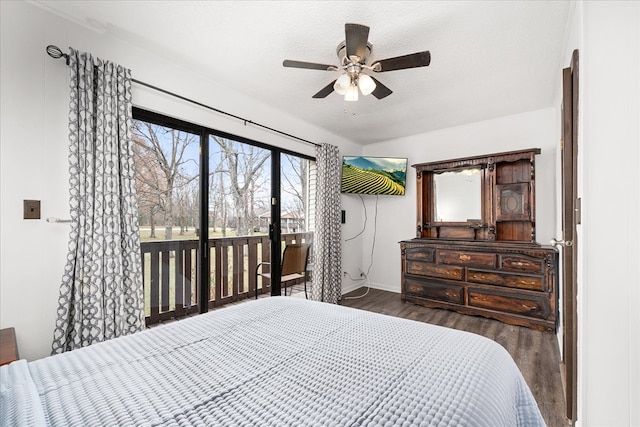 bedroom with baseboards, dark wood finished floors, a ceiling fan, access to exterior, and a textured ceiling