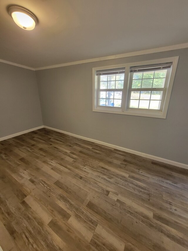 unfurnished room featuring dark wood-type flooring, a healthy amount of sunlight, and crown molding