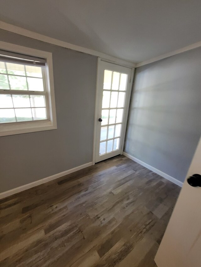 unfurnished room with baseboards and dark wood-style flooring