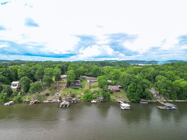 birds eye view of property with a wooded view and a water view