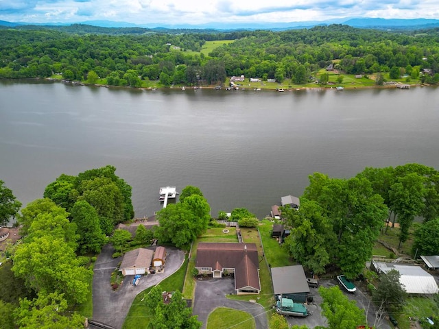 drone / aerial view featuring a view of trees and a water view