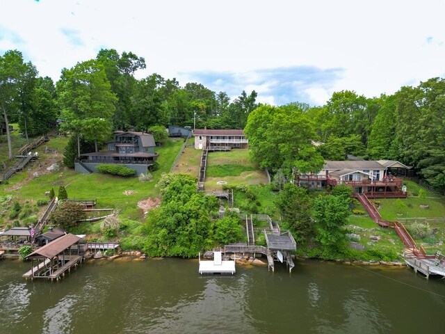 drone / aerial view featuring a water view