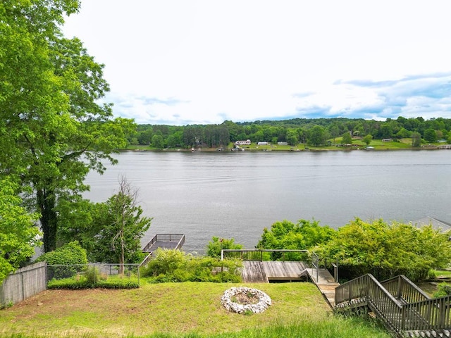 water view featuring a boat dock and fence