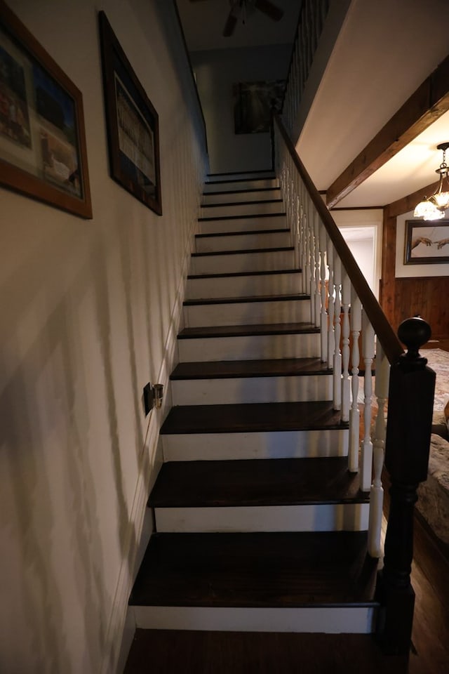 stairs featuring a ceiling fan, beam ceiling, and wood walls