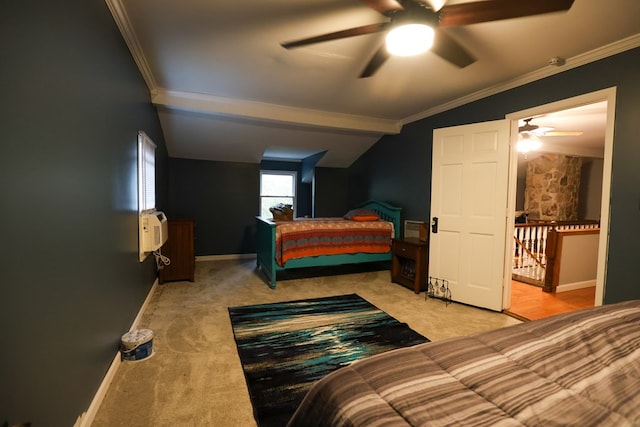 bedroom featuring ceiling fan, baseboards, ornamental molding, and vaulted ceiling